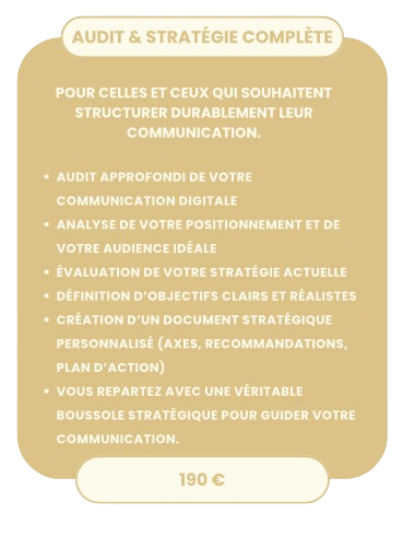 Audit et stratégie de communication digitale personnalisée pour structurer une présence en ligne durable.